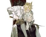  2boys alternate_costume black_vest blonde_hair blue_eyes brown_shorts buttons chair closed_eyes cloud_strife collared_shirt final_fantasy final_fantasy_vii frilled_shirt frilled_shirt_collar frills hand_on_another&#039;s_chin highres holding holding_another&#039;s_head holding_sword holding_weapon imminent_injury implied_yaoi leg_on_another&#039;s_shoulder leggings long_hair long_sleeves looking_down looking_up male_focus multiple_boys on_chair parted_lips puffy_long_sleeves puffy_sleeves sephiroth shirt short_hair shorts simple_background sitting spiky_hair sword sword_to_throat vest victorian weapon white_background white_hair white_leggings white_shirt xscr1205 