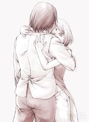  1boy 1girl boruto:_naruto_next_generations chara_no7 commentary_request facial_mark forehead_mark haruno_sakura height_difference highres hug husband_and_wife looking_at_viewer naruto_(series) pants sepia short_hair twitter_username uchiha_sasuke vest watermark 