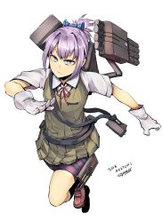  1girl bike_shorts bike_shorts_under_skirt blue_eyes brown_shoes closed_mouth collared_shirt dated dated_commentary gloves kantai_collection looking_at_viewer neck_ribbon pleated_skirt ponytail purple_hair red_ribbon ribbon rigging school_uniform shiranui_(kancolle) shirt shoes short_sleeves sigama signature simple_background skirt solo thigh_strap vest white_background white_gloves white_shirt 