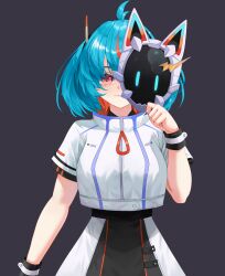  1girl absurdres ahoge belt black_skirt blue_hair bracelet cat_mask dark_background dress futuristic_outfit hair_ornament highres holding holding_mask indie_virtual_youtuber jewelry looking_at_viewer mana_(manasenshou) mask michi_(vtuber) multicolored_hair non-web_source one_eye_visible partially_visible_face short_hair short_sleeves simple_background skirt smile solid_background solo standing upper_body white_dress wristband 