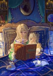  2girls :d ;o absurdres aged_down bedroom beryl_bouanich blanket blonde_hair blue_eyes book candle candlestand crystal_ball curtains dress english_text green_dress hand_on_another's_shoulder highres holding holding_book holding_stuffed_toy indoors long_hair matilda_bouanich medium_hair mirrored_text mother_and_daughter multiple_girls on_bed one_eye_closed one_side_up open_book picture_frame pillow portrait_(object) puffy_short_sleeves puffy_sleeves reading reverse:1999 shirt short_sleeves shushuann side-by-side sitting smile stuffed_animal stuffed_duck stuffed_toy tears upper_body watermark yawning yellow_shirt 