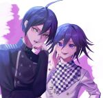  2boys :d absurdres ahoge black_jacket breast_pocket brown_eyes checkered_clothes checkered_scarf danganronpa_(series) danganronpa_v3:_killing_harmony grey_jacket hair_between_eyes hand_up highres jacket long_sleeves male_focus multiple_boys oma_kokichi pink_background pocket saihara_shuichi scarf short_hair smile tabun_wan_paku_shonen teeth tongue violet_eyes white_background 