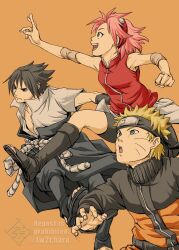  bike_shorts black_eyes black_hair black_headband black_shorts blonde_hair blue_eyes boots chara_no7 commentary_request facial_mark forehead_protector green_eyes hairband haruno_sakura headband highres jacket knee_boots multicolored_jacket naruto_(series) naruto_shippuuden open-toe_boots open_mouth pink_hair red_hairband red_vest rope shorts smile twitter_username two-tone_jacket uchiha_sasuke uzumaki_naruto v-shaped_eyebrows vest watermark whisker_markings 