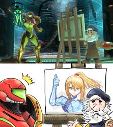  1boy 1girl arm_cannon armor beard beret blonde_hair blue_eyes canvas_(object) closed_eyes facial_hair game_screenshot_inset hat high_ponytail highres holding holding_paint_palette kicdon metroid paint_palette painting_(object) parasite_queen ponytail power_armor power_suit_(metroid) samus_aran super_smash_bros. surprised thumbs_up vince_(art_academy) weapon zero_suit 
