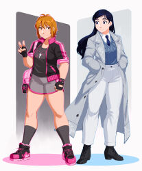  2girls aged_up black_gloves blue_eyes blue_hair blue_necktie coat collared_shirt commentary english_commentary fingerless_gloves frogbians full_body futari_wa_precure gloves grey_coat hands_in_pockets highres long_hair looking_at_viewer misumi_nagisa multiple_girls necktie open_clothes open_coat orange_eyes pants precure shirt short_hair shorts simple_background sweater_vest v white_pants white_shirt yukishiro_honoka 