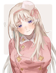  1girl artist_name axis_powers_hetalia blush border breasts buttons closed_mouth collared_dress colored_inner_hair commentary_request dress fur-trimmed_dress fur_hat fur_trim genderswap genderswap_(mtf) green_hair grey_background grey_hair hair_ribbon hairband harutoro_39487 hat highres large_breasts long_hair long_sleeves looking_at_viewer mini_hat multicolored_hair outside_border pink_dress pink_hairband pink_ribbon pom_pom_(clothes) ribbon russia_(female)_(hetalia) russia_(hetalia) sidelocks simple_background smile solo upper_body violet_eyes white_border white_hat 