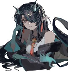  1girl absurdres arknights bare_shoulders black_eyes black_hair black_jacket chinese_commentary cleavage_cutout closed_mouth clothing_cutout colored_extremities commentary dragon_girl dragon_horns dusk_(arknights) earrings hair_over_one_eye highres horns jacket jewelry long_hair looking_at_viewer multicolored_hair necktie off_shoulder one_eye_covered orange_necktie pointy_ears simple_background solo streaked_hair white_background zhishengji_qishi 