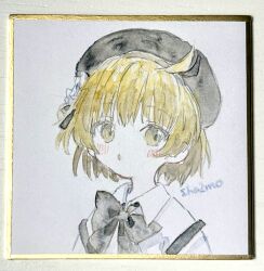  1girl beret black_bow black_hat blush bow brown_eyes brown_hair collared_shirt commentary_request flower hair_flower hair_ornament hat hatoba_tsugu highres looking_at_viewer parted_lips photo_(medium) sha2mo shikishi shirt signature solo suspenders suspenders_slip traditional_media tsugu_(vtuber) upper_body virtual_youtuber white_flower white_shirt 