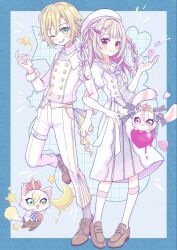  1boy 1girl 1me7nkc aqua_background argyle_clothes argyle_socks belt beret blonde_hair blue_border blunt_bangs blush border bow brown_shoes buttons closed_mouth collared_shirt colored_inner_hair commentary_request double-breasted dress flipped_hair floral_print full_body green_eyes grey_hair grey_socks grin hair_between_eyes hair_bow hair_intakes hair_ornament hair_over_shoulder hair_tie hairpin hand_up hat heart heart_hair_ornament highres loafers locked_arms long_hair looking_at_viewer makaino_ririmu mascot multicolored_hair necktie nijisanji official_alternate_costume official_alternate_hairstyle one_eye_closed outside_border pants pink_bow pink_hair pink_streaks plaid_clothes plaid_necktie pleated_skirt pointy_ears puffy_short_sleeves puffy_sleeves purple_necktie purple_skirt red_eyes ribbon sailor_collar school_uniform shirt shoelaces shoes short_hair short_sleeves side_slit sidelocks skirt skirt_under_dress smile socks standing standing_on_one_leg star_(symbol) streaked_hair striped_bow thigh_belt thigh_strap two-tone_hair two_side_up uzuki_kou virtual_youtuber waist_ribbon white_belt white_dress white_hat white_pants white_ribbon white_sailor_collar white_shirt white_socks winged_hair_ornament x_hair_ornament 