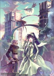  1boy 1girl 2004 ambiguous_gender aqua_eyes arch_bridge archived_source arm_belt artist_name balcony belt belt_buckle black_belt black_hair black_pants black_sleeves black_tunic blue_sky blunt_bangs breasts bridge buckle collared_shirt copyright_notice covered_mouth crescent_moon dragon english_text european_architecture fantasy feet_out_of_frame gloves green_headdress green_ribbon green_shirt green_skirt green_sleeves grey_gloves h2so4 hair_between_eyes headdress high_collar holding holding_sheath light_particles lipstick long_hair long_sidelocks long_skirt looking_at_viewer makeup medium_breasts moon original pants parted_lips railing rainbow red_eyes red_lips ribbon scar scar_on_cheek scar_on_face sheath shirt sidelocks skinny skirt sky sleeve_cuffs sleeves_past_wrists standing tower tree tunic very_long_hair very_long_sidelocks water waterfall web_address western_dragon white_hair white_wings wings 