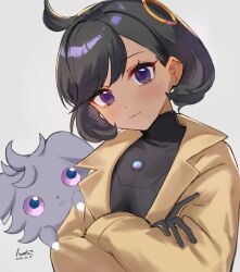  1girl absurdres ahoge black_bodysuit black_hair bodysuit bodysuit_under_clothes closed_mouth collared_jacket commentary_request dated emma_(pokemon) eyelashes gloves head_tilt highres hoshizora_(hoxisola) jacket pokemon pokemon_(creature) pokemon_legends:_z-a ring_hair_ornament short_hair signature smile 