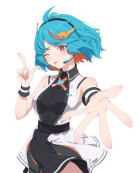  1girl absurdres ahoge asymmetrical_skirt belt black_dress blue_hair dress fang futuristic_outfit hair_ornament hairclip headset highres indie_virtual_youtuber kenku_art lightning_bolt_symbol michi_(vtuber) microphone multicolored_hair one_eye_closed open_mouth outstretched_arm reaching reaching_towards_viewer short_hair simple_background skirt sleeveless smile solo virtual_youtuber white_background white_dress 