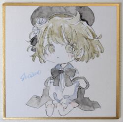  1girl :< absurdres age_regression aged_down barefoot beret black_bow black_hat black_skirt blush bow brown_eyes brown_hair closed_mouth collared_shirt commentary_request dress_shirt flower full_body hair_flower hair_ornament hat hatoba_tsugu highres long_sleeves photo_(medium) puffy_long_sleeves puffy_sleeves sha2mo shikishi shirt signature sitting skirt soles solo suspender_skirt suspenders traditional_media tsugu_(vtuber) virtual_youtuber white_flower white_shirt 