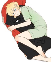  1boy antenna_hair bare_arms bare_legs barefoot basil_(faraway)_(omori) basil_(omori) blonde_hair blue_eyes blush closed_mouth commentary_request dakimakura_(object) double-parted_bangs flipped_hair foot_out_of_frame green_shirt green_shorts hair_between_eyes half-closed_eyes heart highres holding knee_blush looking_at_viewer lying maisani male_focus omori on_side pillow raised_inner_eyebrows shirt short_hair short_sleeves shorts sidelocks smile solo stranger_(omori) toes twitter_username 