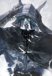  1boy 1girl 1other armor bird black_cape blindfold_mask blood blue_cape blue_surcoat cape commentary_request duchess_(elden_ring) elden_ring elden_ring_nightreign flock from_behind gloves headless helmet heolstor_the_nightlord mask ramiica404 scale_armor tree upper_body white_background winged_helmet wylder_(elden_ring) 