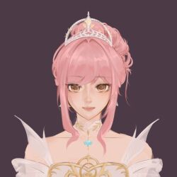  1girl armor bare_shoulders breastplate brown_eyes chinese_commentary choker closed_mouth collarbone commentary_request dress duifangzhengzaishuru82069 earrings expressionless eyelashes hair_bun hair_intakes highres infinity_nikki jewelry lace lace_choker light_smile lipstick looking_at_viewer makeup melody_bloom_(infinity_nikki) nikki_(nikki) nikki_(series) off-shoulder_dress off_shoulder pink_hair pink_lips purple_background short_hair_with_long_locks short_sleeves sidelocks simple_background single_hair_bun solo straight-on tiara upper_body white_choker white_dress 