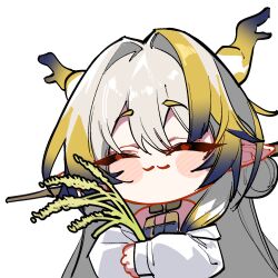  1girl :3 ^_^ antlers arknights bare_shoulders blue_hair blush_stickers brown_hair chibi closed_eyes closed_mouth facing_viewer gradient_hair grey_hair hair_between_eyes hair_intakes horns hugging_object jacket kinbakuman long_hair long_sleeves lowres multicolored_hair pointy_ears puffy_long_sleeves puffy_sleeves rice_(plant) shu_(arknights) simple_background solo thick_eyebrows two-tone_hair upper_body white_background white_jacket 