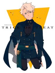  1boy black_pants bleach blue_cape blue_eyes blue_jacket cape commentary_request cowboy_shot cropped_legs eye_contact head_tilt highres hitsugaya_toushirou jacket looking_at_another m1gm1gmagnesium male_focus pants smile solo translation_request trick_or_treat white_hair 