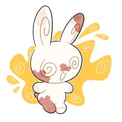  1other @_@ animal_ears body_fur chibikemo commentary foreigner_(pixiv_119387446) full_body furry happy highres open_mouth other_focus outline pokemon pokemon_(creature) rabbit_ears rabbit_tail red_fur short_tail simple_background smile solo spinda standing tail two-tone_fur white_background white_fur white_outline yellow_background 