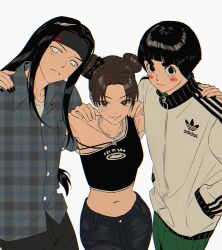  1girl 2boys absurdres arm_around_shoulder black_hair black_headband black_nails black_pantyhose black_shirt blunt_bangs blush_stickers bow bowl_cut breasts closed_mouth commentary_request cowboy_shot double_bun green_pants grey_eyes hair_bow hair_bun hand_in_pocket headband highres hyuuga_neji jacket korean_commentary light_blush long_hair m0_mo_momo medium_breasts midriff multiple_boys nail_polish naruto_(series) navel pants pantyhose parted_bangs plaid_clothes plaid_shirt rock_lee shirt short_hair single_bare_shoulder single_strap smile tenten_(naruto) thick_eyebrows track_jacket white_background white_jacket 