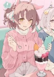  ! 2girls animal_ears blue_sweater_vest blush brown_hair cardigan cellphone character_request dantsu_flame_(umamusume) ear_covers food grey_eyes hashtag-only_commentary highres holding holding_phone holding_spoon horse_ears horse_girl looking_at_viewer medium_hair multiple_girls open_mouth pants parfait phone pink_cardigan ponytail ri_cochet sidelocks smartphone spoon sweater sweater_vest umamusume white_hair white_pants white_sweater yellow_eyes 