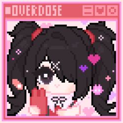  1girl :> ame-chan_(needy_girl_overdose) anmian_ruomeng bare_arms black_eyes black_hair black_ribbon border brooch cellphone chibi chinese_commentary closed_mouth commentary_request eyelashes hair_ornament hair_over_one_eye hair_tie hand_on_own_chest happy heart heart_brooch highres holding holding_phone jewelry layered_shirt light_blush long_hair neck_ribbon needy_girl_overdose phone pink_background pixel_art red_border red_shirt ribbon shirt short_sleeves single_hair_intake smartphone smile solo suspenders twintails white_shirt window_(computing) x_hair_ornament 