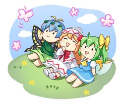 3girls antennae ascot blonde_hair blue_skirt blue_sky blue_vest bow bowtie butterfly_wings capelet chibi chibi_only closed_eyes closed_mouth clouds collared_shirt daiyousei day dress eternity_larva fairy fairy_wings green_dress green_hair hair_bow hat hat_bow insect_wings leaf leaf_on_head lily_white long_hair long_sleeves lowres multicolored_dress multiple_girls official_art open_mouth outdoors red_bow red_bowtie rotte_(1109) second-party_source shirt skirt sky smile sticker_(medium) touhou touhou_lostword transparent_background vest white_capelet white_dress white_hat white_shirt wings yellow_ascot yellow_bow 