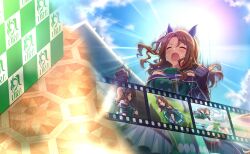  1girl animal_ears ass bad_link black_gloves blush brown_hair clenched_hands ear_covers gloves horse_ears horse_girl horse_tail king_halo_(king_of_emeralds)_(umamusume) king_halo_(umamusume) off_shoulder official_art open_mouth running solo sun sweat tail umamusume 