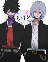  2boys ametaro_(ixxxzu) belt black_hair black_jacket black_pants blue_eyes boku_no_hero_academia burn_scar chain cheek_piercing collared_shirt dabi_(boku_no_hero_academia) grey_hair gucci highres jacket jewelry male_focus multiple_boys multiple_scars necklace pants red_eyes red_shirt scar scar_on_face shigaraki_tomura shirt short_hair simple_background spiky_hair staple stapled white_background white_shirt wrinkled_skin 