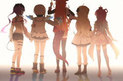  5girls absurdres ahoge amane_kanata amane_kanata_(1st_costume) animal_ears armband black_boots black_jacket black_shoes black_shorts blonde_hair blue_hair boots commentary_request cropped_jacket demon_girl demon_tail dragon_girl dragon_horns dress facing_away fishnet_thighhighs fishnets fur-trimmed_boots fur_trim gradient_hair grey_hair highres himemori_luna himemori_luna_(1st_costume) holoforce hololive horns jacket kiryu_coco kiryu_coco_(1st_costume) long_hair multicolored_hair multiple_girls orange_hair pink_dress pink_hair purple_hair risai sheep_ears sheep_girl sheep_horns shoes short_hair shorts single_thighhigh tail thigh-highs thigh_strap tokoyami_towa tokoyami_towa_(1st_costume) tsunomaki_watame tsunomaki_watame_(1st_costume) twintails virtual_graduation_commemoration virtual_youtuber white_dress white_jacket yellow_armband 