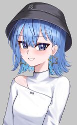  1girl :d black_hat blue_eyes blue_hair breasts chrispy_tuna clothing_cutout commentary double-parted_bangs earrings english_commentary grey_background grin hair_between_eyes hat highres hololive hoshimachi_suisei hoshimachi_suisei_(11th_costume) jewelry long_sleeves looking_at_viewer newsboy_cap official_alternate_costume shirt short_hair shoulder_cutout simple_background small_breasts smile solo star_(symbol) star_earrings star_in_eye symbol_in_eye upper_body virtual_youtuber white_shirt 