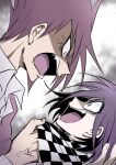 2boys :d angry checkered_clothes checkered_scarf collared_shirt danganronpa_(series) danganronpa_v3:_killing_harmony facial_hair fang goatee gradient_background grey_background looking_up male_focus momota_kaito multiple_boys oma_kokichi open_mouth pink_eyes purple_hair scarf scarf_grab shachoo_(poco_poco) shirt smile teeth tongue upper_teeth_only veins 