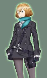  1girl amagi_shinno ascot aura black_coat black_gloves blue_scarf brown_hair coat commentary_request gloves green_background grey_pantyhose highres long_sleeves pantyhose princess_principal scarf short_hair thigh_strap white_ascot zelda_(princess_principal) 