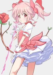  1girl arrow_(projectile) bow bow_(weapon) bow_choker choker commentary_request dress flower gloves grey_background hair_bow highres holding holding_bow_(weapon) holding_weapon kaname_madoka lolita_fashion mahou_shoujo_madoka_magica mahou_shoujo_madoka_magica_(anime) pink_bow pink_dress pink_eyes pink_hair puffy_short_sleeves puffy_sleeves riannn_desu rose short_sleeves short_twintails twintails weapon white_gloves 