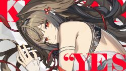  1girl absurdres animal_ears bare_shoulders black_hair brown_hair clothing_cutout duplicate english_text fox_ears fox_girl gradient_hair hair_ornament hashtag-only_commentary highres light_smile long_hair looking_at_viewer madyy multicolored_hair red_eyes very_long_hair ye_shunguang yellow_nails zenless_zone_zero 