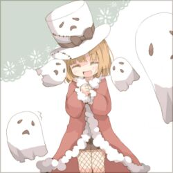  1girl black_bow blonde_hair blush bow brown_shorts coat commentary_request cowboy_shot fishnet_pantyhose fishnets fur-trimmed_coat fur_trim ghost hat hat_bow kawachi_(hina) long_sleeves lowres open_mouth pantyhose ragnarok_online red_coat rogue_(ragnarok_online) sheet_ghost short_hair short_shorts shorts smile solo top_hat whisper_(ragnarok_online) white_background white_hat 