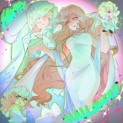  ;d absurdres alternate_costume arm_up blonde_hair blue_eyes breasts chibi coat dress english_text fangs feet_out_of_frame grin hair_over_one_eye happy_halloween highres koiii_(ichikakoiii) lab_coat long_dress long_hair one_eye_closed one_eye_covered pants patchwork_clothes reverse:1999 shawl side-by-side skin_fangs sleeveless sleeveless_dress smile sparkle stitched_face stitches veil vila_(reverse:1999) violet_eyes white_coat white_dress white_hair white_pants white_shawl white_veil windsong_(reverse:1999) 