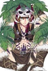  1boy barbarian_set_(zelda) blonde_hair blue_eyes body_markings boots closed_mouth cropped_vest fur-trimmed_boots fur-trimmed_vest fur_trim hair_between_eyes leaf leaf_on_head link male_focus medium_hair midriff official_alternate_costume pointy_ears sidelocks sitting skull_on_head solo tadatwee the_legend_of_zelda the_legend_of_zelda:_breath_of_the_wild twitter_username vest white_background 