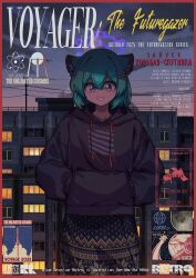  1girl absurdres animal_ears black_hoodie black_skirt blue_archive border clouds commentary cowboy_shot double-parted_bangs drawstring english_commentary evening green_hair grin hair_between_eyes hair_ornament hairclip hands_in_pockets highres hood hood_down hoodie hrna long_sleeves looking_at_viewer outdoors parallel_hairclips red_border revision shigure_(blue_archive) short_hair skirt smile solo violet_eyes weasel_ears weasel_girl 