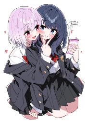  2girls absurdres black_hair black_jacket black_skirt blue_eyes blush bow bowtie cellphone commentary dated_commentary gridman_universe happy_birthday heart highres holding holding_phone jacket long_sleeves multiple_girls open_mouth phone pink_eyes pink_hair red_bow red_bowtie shinjou_akane shirt simple_background skirt smartphone ssss.gridman takarada_rikka v v_over_mouth white_background white_shirt yuri zhanzhangzlw 