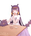  1girl blunt_bangs cookie food gradient_hair highres hololive hololive_english jar kotatsu long_hair ma_draws multicolored_hair ninomae_ina&#039;nis orange_hair pointy_ears purple_hair sidelocks smile table takodachi_(ninomae_ina&#039;nis) tentacle_hair very_long_hair virtual_youtuber 