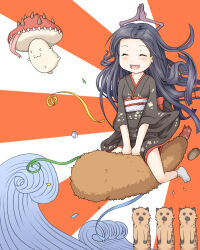 1girl :3 black_hair black_kimono closed_eyes commentary_request creature floating_hair food full_body grey_socks haty hyena japanese_clothes kimono long_hair lowres miyabi_doll obi open_mouth orange_background ragnarok_online roween_(ragnarok_online) sash shrimp shrimp_tempura smile socks solo spore_(ragnarok_online) sunburst sunburst_background tabi tempura waves white_background white_sash 