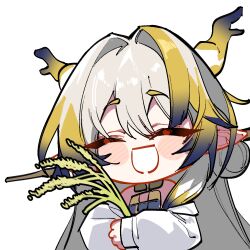  1girl :d ^_^ antlers arknights bare_shoulders blue_hair blush_stickers brown_hair chibi closed_eyes commentary facing_viewer gradient_hair grey_hair hair_between_eyes hair_intakes horns hugging_object jacket kinbakuman long_hair long_sleeves lowres multicolored_hair pointy_ears puffy_long_sleeves puffy_sleeves rice_(plant) shu_(arknights) simple_background smile solo symbol-only_commentary thick_eyebrows two-tone_hair upper_body white_background white_jacket 