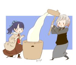  2girls :o black_skirt black_socks black_sweater blue_background blue_bow blue_eyes blue_ribbon border bow brown_cardigan brown_dress cardigan colored_inner_hair commentary_request dress grey_hair hair_bow hair_ribbon hasu_no_sora_school_uniform high_ponytail holding holding_mallet kase_(ks_lys) kine link!_like!_love_live! long_sleeves love_live! mallet mochitsuki mortar_(bowl) multicolored_hair multiple_girls murano_sayaka neckerchief official_alternate_costume on_one_knee open_cardigan open_clothes open_mouth outside_border pink_eyes ponytail red_hair red_neckerchief ribbon sailor_collar sailor_dress school_uniform short_hair signature simple_background skirt socks standing streaked_hair sweater turtleneck turtleneck_sweater twitter_username v-shaped_eyebrows virtual_youtuber white_border white_sailor_collar winter_uniform yugiri_tsuzuri yugiri_tsuzuri_(post-graduation) |_| 