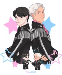  ! 2boys :d artist_name asian back-to-back bangtan_boys barbie_(franchise) barbie_(live_action) black_eyes black_hair black_jacket black_pants blue_eyes chibi chibi_inset closed_mouth commentary cosplay cropped_torso crossed_arms earrings english_commentary english_text fringe_trim guitar halftone heart highres holding holding_guitar holding_instrument instrument jacket jewelry jimin_(bts) ken_(barbie) ken_(barbie)_(cosplay) looking_at_another looking_at_viewer multiple_boys neckerchief pants parted_lips pink_neckerchief ryan_gosling short_hair single_earring smile speech_bubble star_(symbol) star_symbol_background tenartistt white_background white_hair 