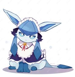  animal_focus animal_hands black_bow blue_eyes blue_fur bow bright_pupils closed_mouth clothed_pokemon frills full_body glaceon glaceon_(tea_party) highres hyrell looking_at_viewer maid_headdress no_humans pokemon pokemon_(creature) pokemon_unite red_ribbon ribbon simple_background sitting solo two-tone_fur white_background white_bow white_pupils 
