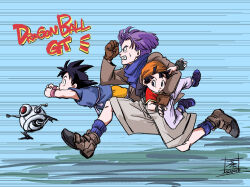  1girl 2boys bandana bandana_around_neck black_eyes black_gloves black_hair blue_socks boots brown_boots brown_gloves brown_jacket carrying carrying_person carrying_under_arm chara_no7 clenched_teeth commentary_request dated dougi dragon_ball dragon_ball_gt fingerless_gloves flying giru_(dragon_ball) gloves grey_shorts jacket motion_lines multiple_boys orange_bandana pan_(dragon_ball) purple_hair robot running shorts signature socks son_goku speed_lines sweatdrop teeth trunks_(dragon_ball) wristband 