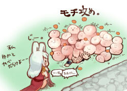  1boy 1girl :3 animal_ears boots brown_boots buried closed_eyes commentary_request dress full_body glasses gobaku_no_hito highres long_hair open_mouth pink_hair poring professor_(ragnarok_online) rabbit_ears rabbit_girl ragnarok_masters ragnarok_online red_dress short_hair sitting sleeveless sleeveless_dress slime_(creature) white_hair 