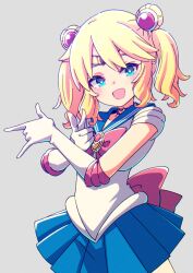  1girl absurdres aqua_eyes biruchiru bishoujo_senshi_sailor_moon blonde_hair blue_sailor_collar blue_skirt choker cosplay cowboy_shot crescent_choker double_bun elbow_gloves gloves grey_background hair_bun highres idolmaster idolmaster_cinderella_girls looking_at_viewer open_mouth pleated_skirt sailor_collar sailor_moon sailor_moon_(cosplay) sailor_senshi_uniform sakurai_momoka shirt simple_background skirt smile solo standing twintails white_gloves white_shirt 