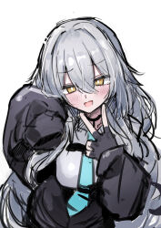  1girl black_gloves blue_necktie blush breasts brown_eyes collared_shirt commentary_request fingerless_gloves gloves grey_hair hair_between_eyes hands_up highres large_breasts long_hair long_sleeves looking_at_viewer necktie open_mouth puffy_long_sleeves puffy_sleeves rurune_(vrchat) shirt simple_background sketch sleeves_past_fingers sleeves_past_wrists solo tikuwazyousyou upper_body very_long_hair vrchat white_background white_shirt 